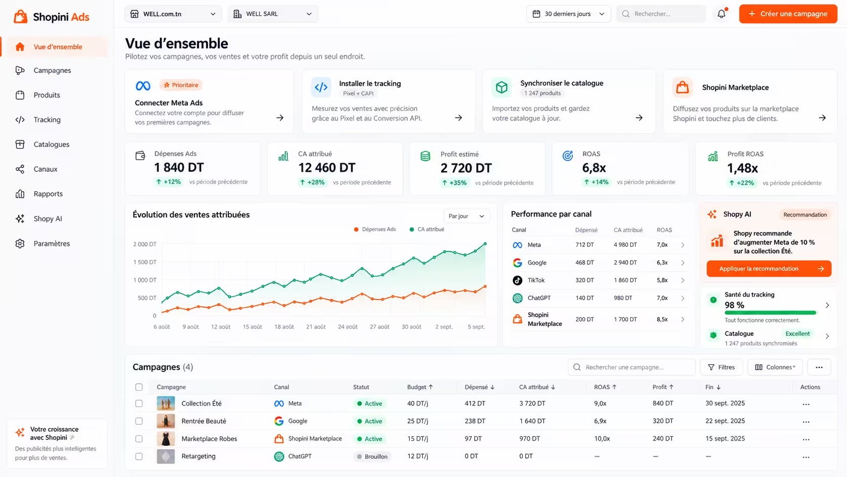 Aperçu de Shopini Ads avec dashboard acquisition, ROAS, profit et recommandations Shopy AI