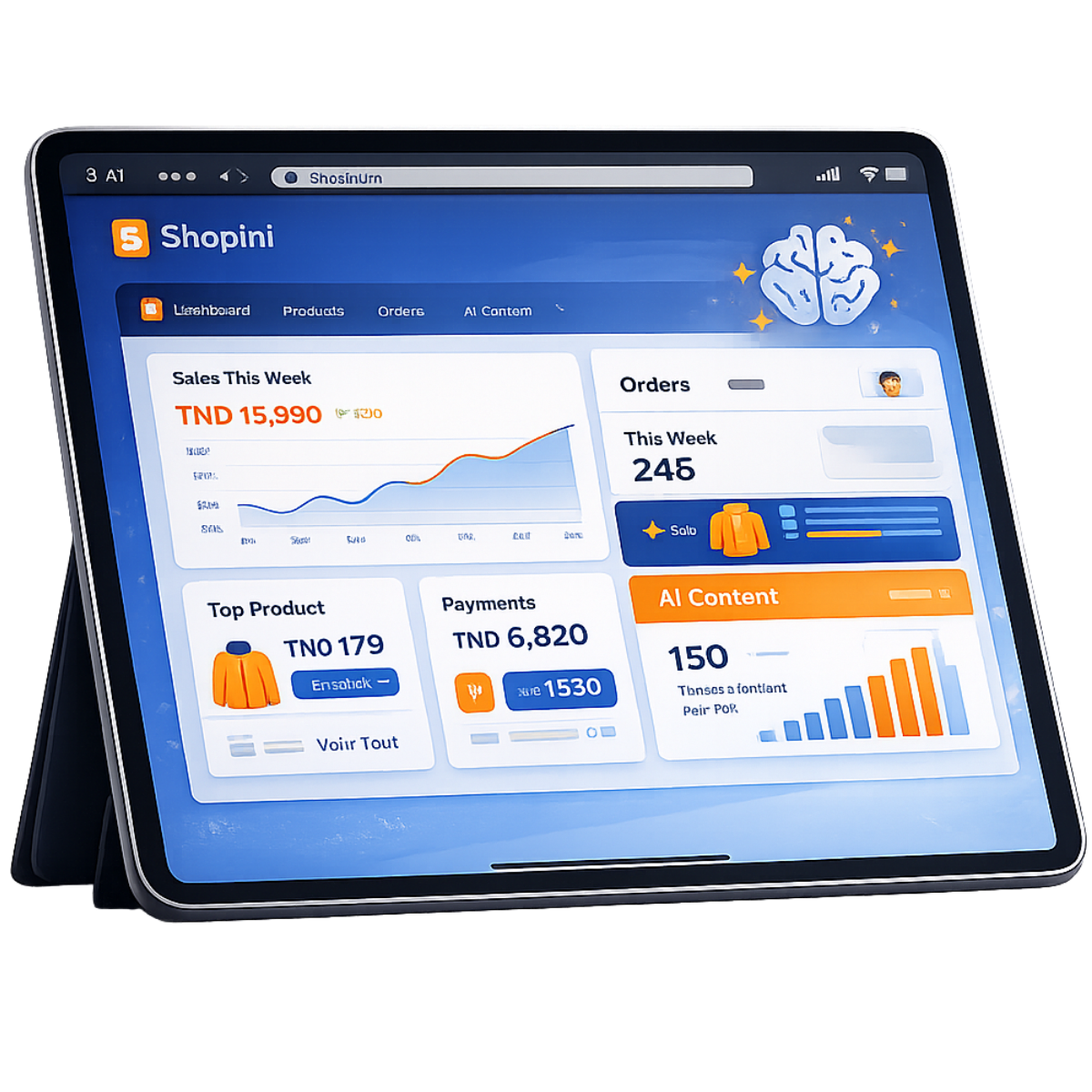 Interface de gestion Shopini affichant des ventes en Dinars Tunisiens et l'assistant IA pour boutique en ligne.